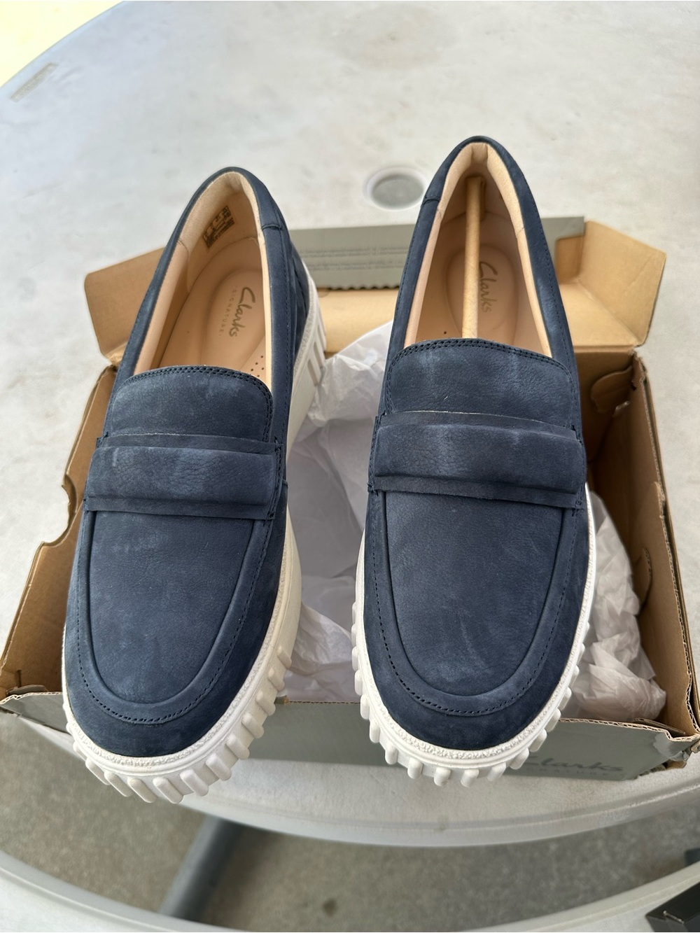 Clarks Navy Suede Penny Loafers with White chunky Lug Sole *Wide width